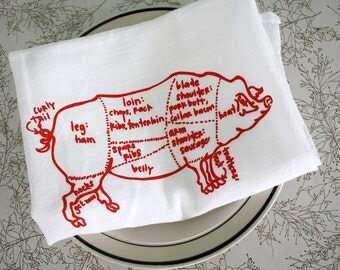 Butcher pig diagram tea towel - white cotton floursack kitchen towel