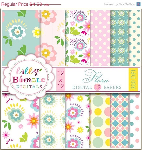 50% off Floral digital papers for cards, scrapbooking, modern, pastel, paper Printable download modern flowers, quatrefoil, pastel colors Il_570xn