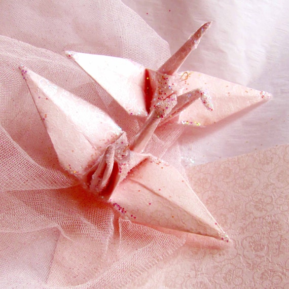 Pale Pink Peace Crane Bird, Wedding Cake Topper, Party Favor Origami Ornament Japan Paper Place Card Holder Sakura Cherry Blossom Decoration