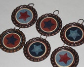 6 Bronze Flattened Patriotic Americana Stars Bottle Cap Charms for Scrapbooking Mini Tree Ornies Zipper Pulls Party Favors