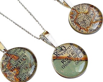 World Map Necklace Sterling Silver Loop Style Custom Personalized with your City Mother's Day or Wedding Vintage Atlas Gift