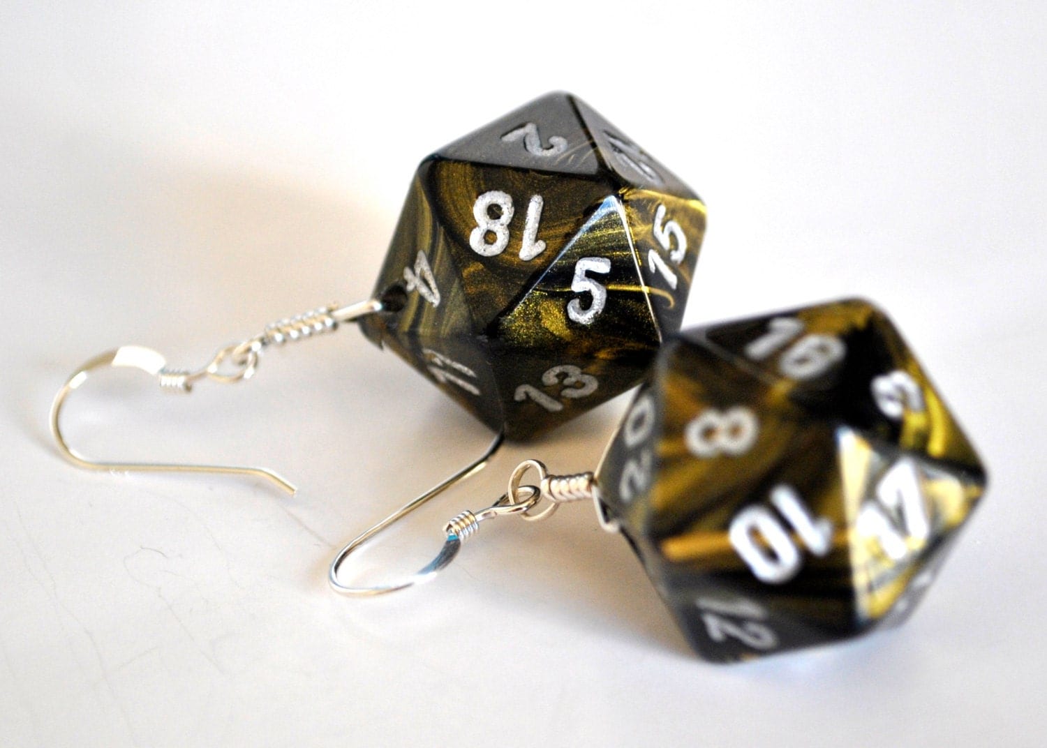 D20 Twenty Sided Dice Earrings Gold and Black Swirl with