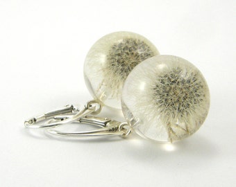 Full White Dandelion Earrings, Resin Earrings, resin Jewelry