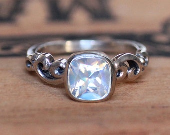 Rainbow moonstone engagement ring, moonstone ring sterling silver, June birthstone ring, cushion cut ring, swirl ring water dream, custom