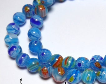 Millefiori Blue Beads with Red and Blue Flowers 7mm-8mm Round #8