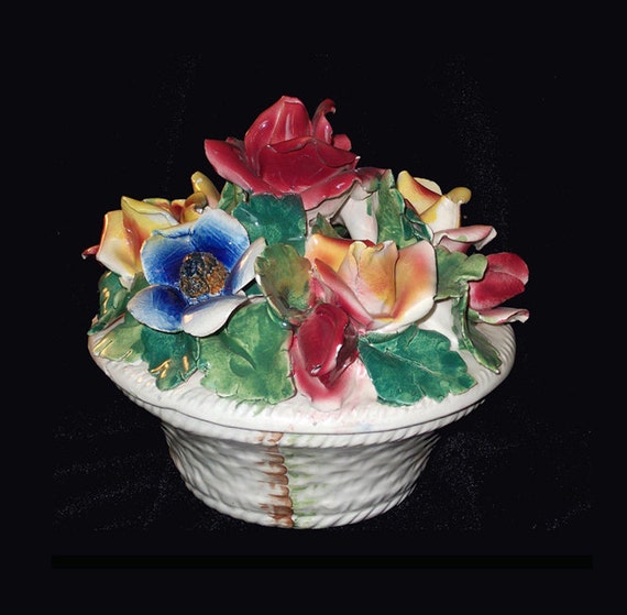 Vintage Covered Bowl 1950's Applied Flowers Bouquet