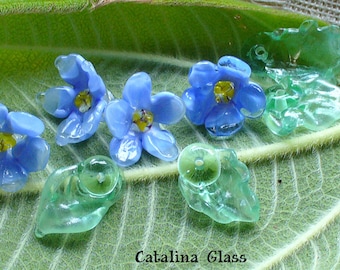 beads/lampwork beads/glass beads/handmade lampwork/artisan lampwork/flowers/blue/delphinium/floral beads/garden/gardener/leaves/