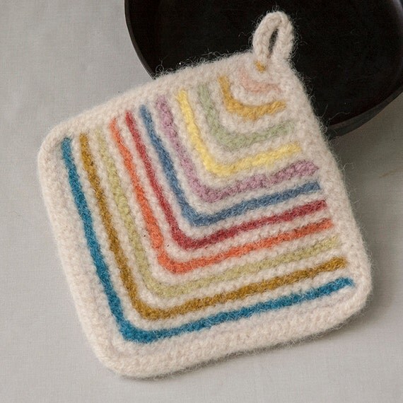 Multi colored Felted Wool Pot Holder Handmade by stillknitting