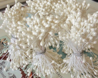 Sale / Vintage / Double-Ended Stamen Pips-Peps / Six Unaltered Bunches / Pearlized Aged White / Millinery Supplies / Flower Centers