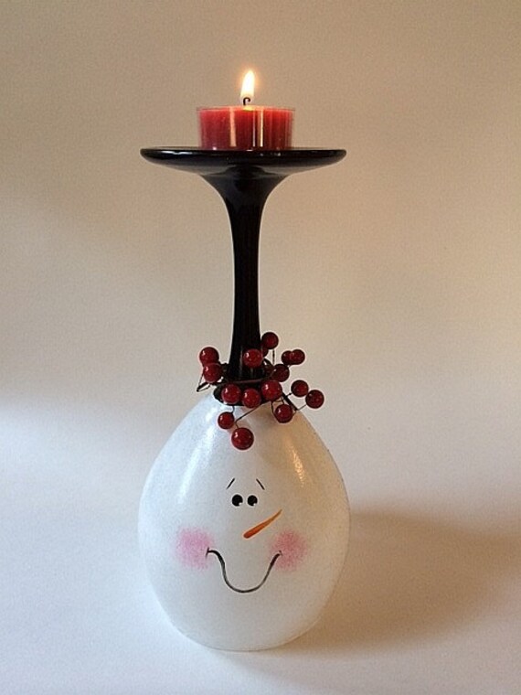 Items similar to Snowman hand painted wine glass tea light holder. on Etsy