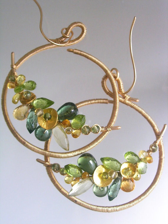 Green Gemstone Gold Filled Hoops Peridot Sapphire by bellajewelsII