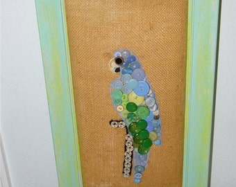 Parrot Button Art Framed Burlap Aqua Blue Vintage Buttons 9996