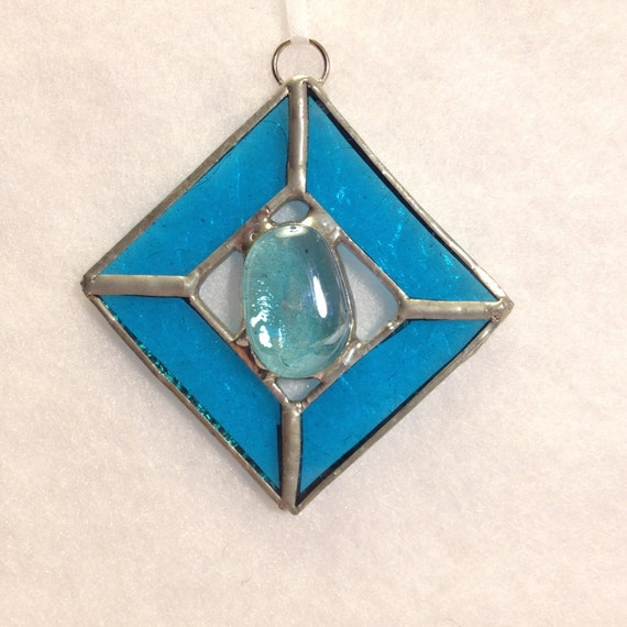 Stained Glass Ornament Square with Glass Gem