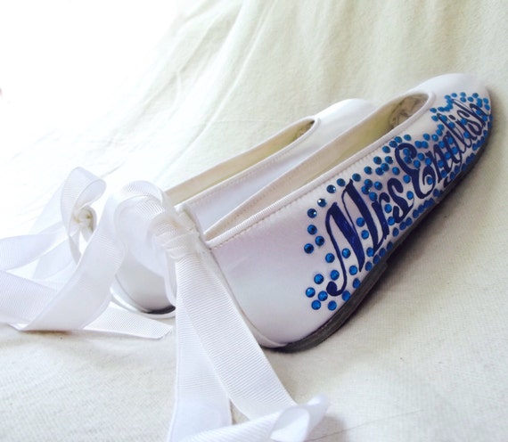 Wedding shoes ballerina flat Royal Blue ribbons sparkle mrs married ...