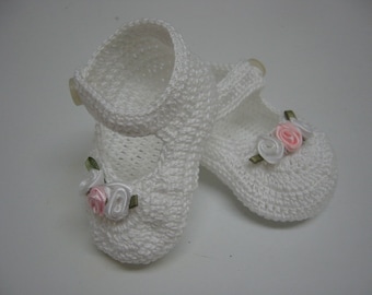 Crochet Mary Jane Newborn Baby Girl Booties White and Pink Ribbon Rose Flowers