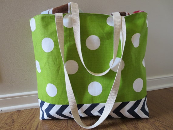 Large Beach Bag - Navy Chevron and Chartreuse Dot Beach Tote - Water ...