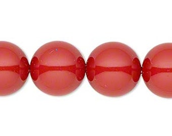 2 Red Coral Swarovski Crystal Pearl Beads, 14mm round.