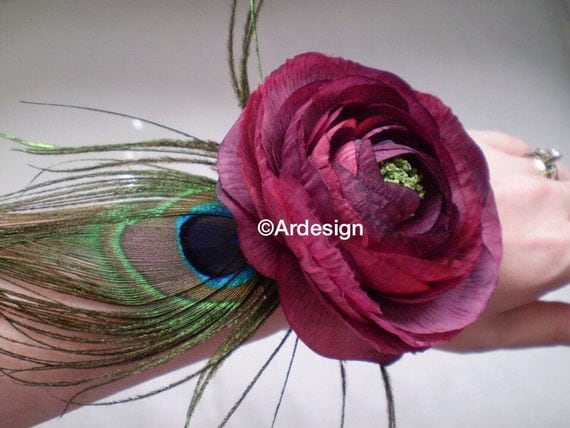 STUNNING STATEMENT Wrist Corsage With Peacock by Ardesign on Etsy