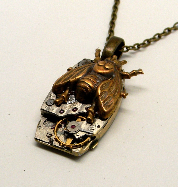 Steapunk jewelry. Steampunk bee on a vintage watch necklace pendant. by slotzkin steampunk buy now online