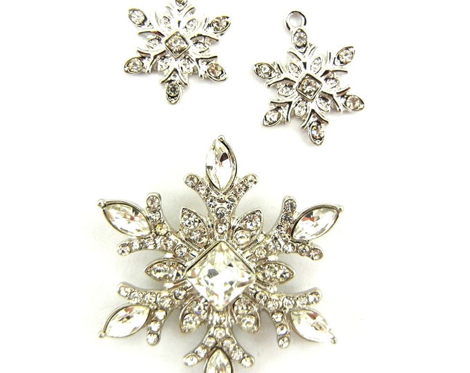 Set of Silver-tone Snowflake Charms and Large Pendant Rhinestones