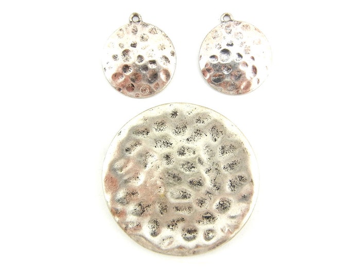 Set of Round Hammered Antique Silver-tone Pendant and Charms