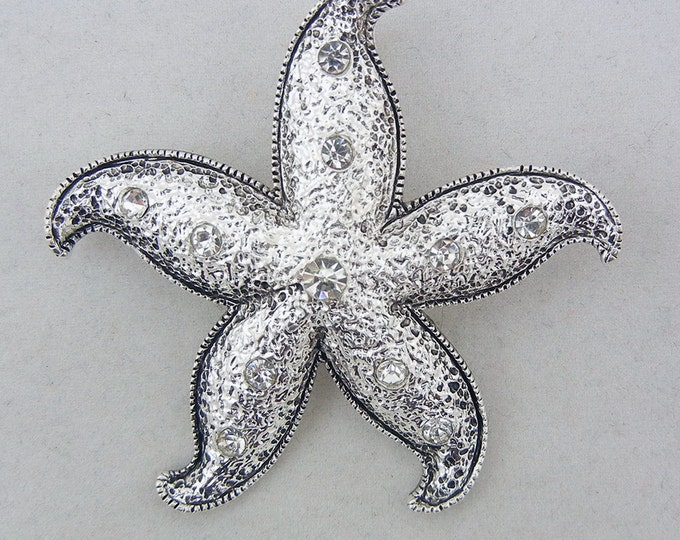 Starfish Pendant Antique Silver-tone Textured with Rhinestones