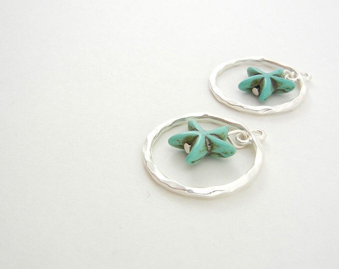 Pair of Turquoise Starfish in Matte Silver-tone Hoop Charms