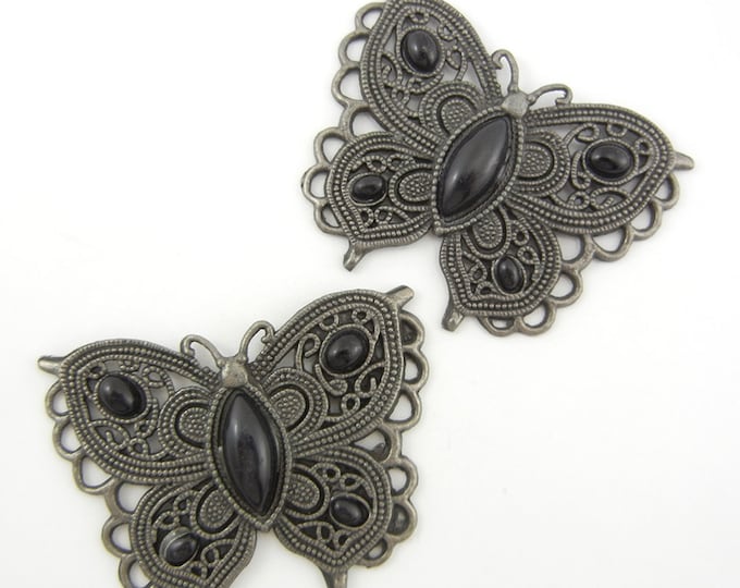 2 Hematite Filigree Butterfly Pendants with Black Acrylic Cabochons