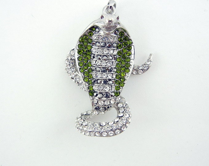 Large Cobra Snake Pendant Silver-tone with Green, Hematite and Clear Rhinestones