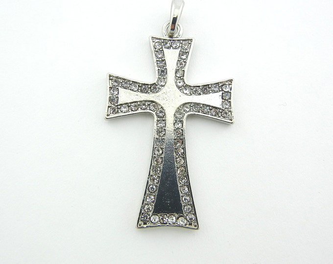 Silver-tone Cross Pendant Edged in Rhinestones