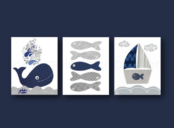 Nautical nursery art whale nursery wall art Baby Boy Nursery Decor Boat fish gray navy blue ocean sea bathroom art - Set of three prints by GalerieAnais