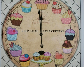CUPCAKE PAPER CLoCK - KeeP CaLm - EaT a CuPcAkE - WaLL ArT - one 8 x 10 print - Adorable - Whimsical - CCW 886