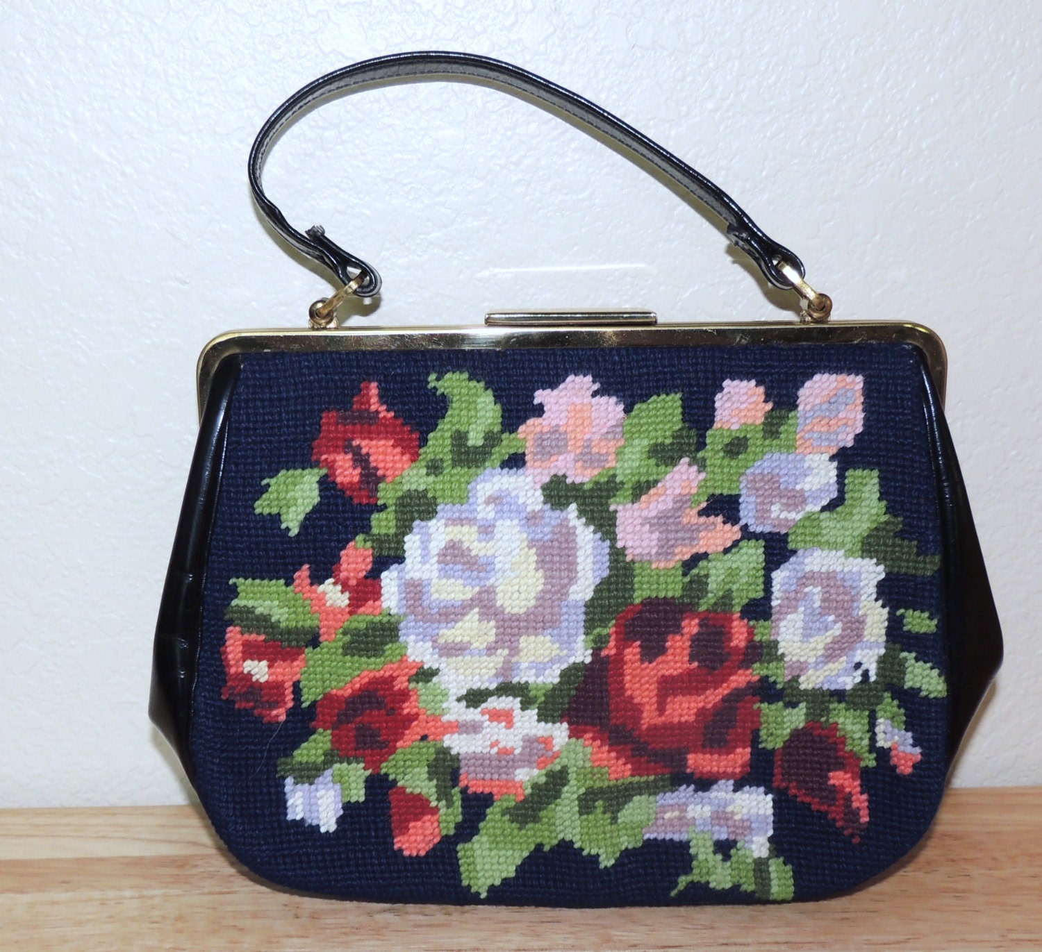Navy Needlepoint Floral Handbag