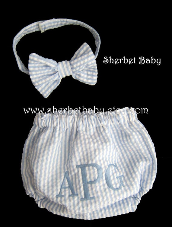 Items similar to Seersucker Bow Tie and Monogram Baby Boy Diaper Cover