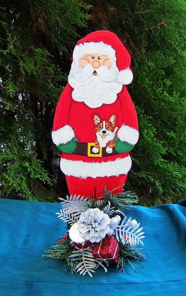 Handpainted Santa Claus Holding a WELSH CORGI RED Wood Figure or Centerpiece Decoration 12"