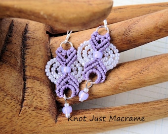 Smaller Lilac Colored Beaded Macrame Earrings MicroMacrame Purple Lavendar