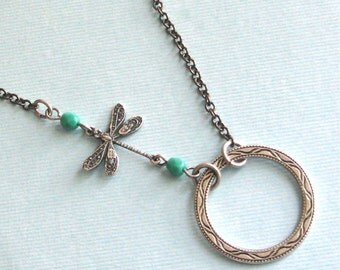 Silver Circle Dragonfly Necklace - Turquoise Necklace, Dragonfly Jewelry, Nature Jewelry, Silver Jewelry, Bridesmaid Necklace