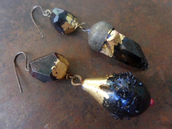 The Blackest Night. Asymmetric assemblage earrings with garnet quartz onyx gold leaf.