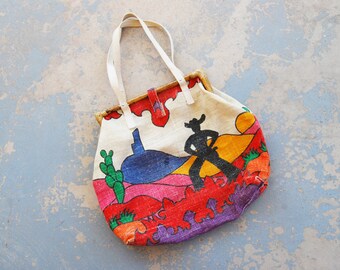 vintage 70s Tote Bag Purse - 1970s Boho Painted Desert Western Cowboy Feedsack Bag
