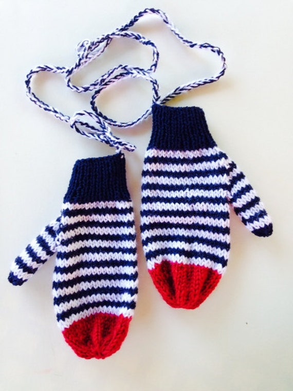 Child Navy and White Striped Mittens on a String/Cord size