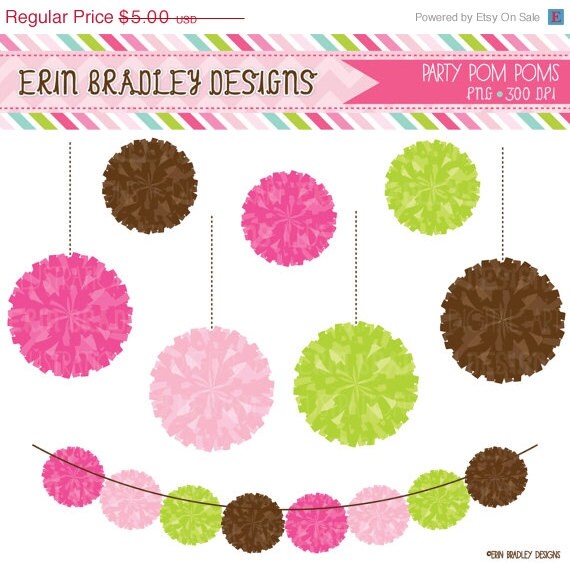 50% OFF SALE Preppy Pom Pom Garland Clipart Commercial Use Digital Clip Art Graphics Il_570xn