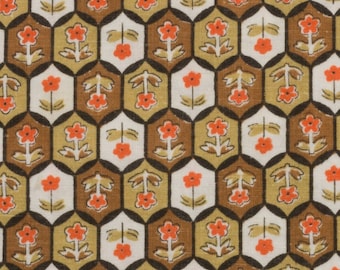 Vintage Sugar Sack, Small Tile Design in Whites Browns and Orange, Flower inside each Tile, 25 by 26 inches, Flour Sack, Feed Sack