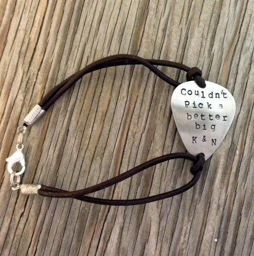 Hand stamped custom nickel silver guitar pick bracelet with