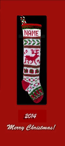 Hand knit Christmas stocking, Personalized, made of pure wool yarn, fully lined -- booties, gift box, wreath and reindeer