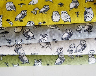 Animal Print Fabric By The Yard - Cotton Linen Blend - Owl Power on Green - Fat Quarter