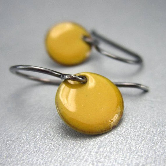 Small Yellow Earrings, Sterling Silver, Tiny Earrings, Round Enamel Dangle Earrings, Dot