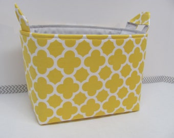 LARGE Fabric Organizer Basket Storage Container Bin Bucket Bag Diaper Holder Home Decor- Size Large - Quatrefoil in yellow
