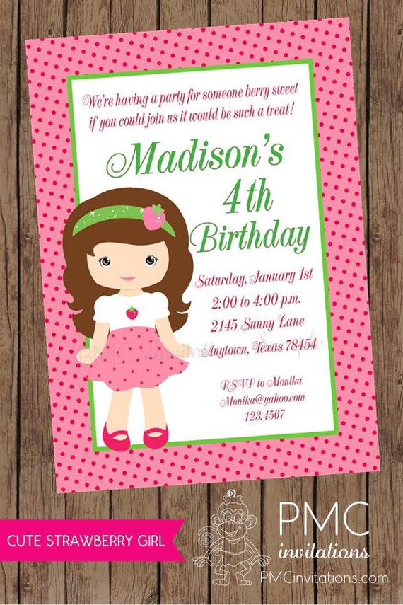 Blonde or Brunette Strawberry Girl Birthday Party Invitations - 1.00 each with envelope Il_570xn