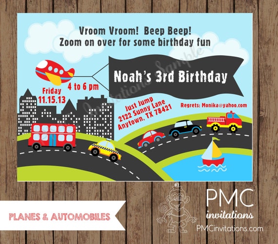 Custom Printed Planes and Automobile Birthday Invitations - 1.00 each with envelope Il_570xn