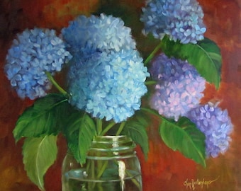 Blue Hydrangeas, Mason Fruit Jar,Still Life Painting, 16x20 Canvas, Original Oil Painting by Cheri Wollenberg